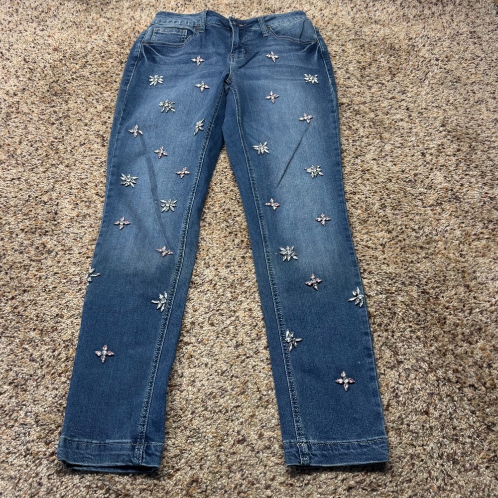 Earl Jean Womens Skinny Embellished Rhinestone Medium‎ Wash Blue Denim Jeans 6